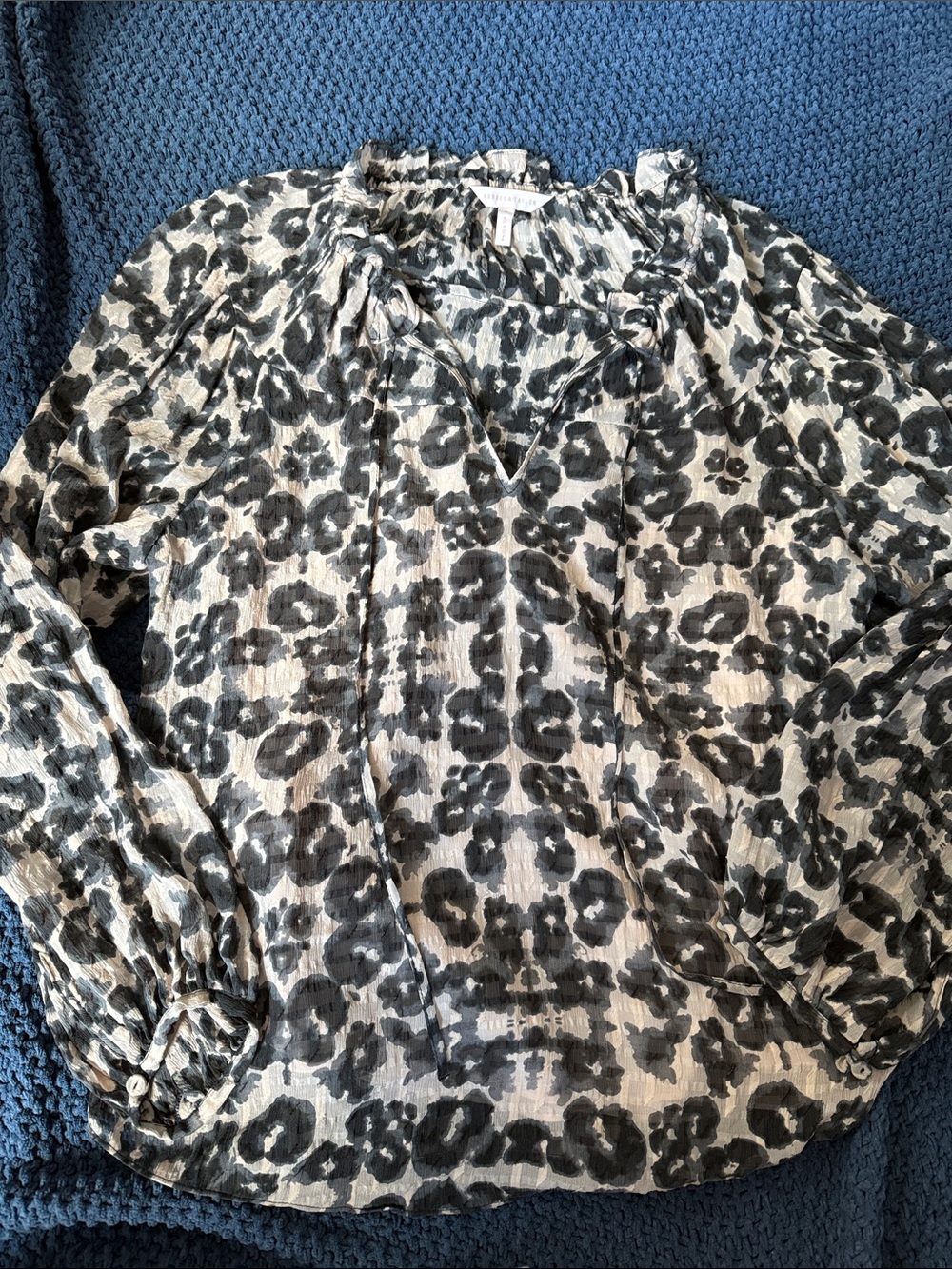 Rebecca Taylor Black and Cream Printed Ruffle-Neck Blouse